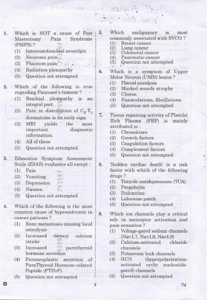 RPSC Asst. Professor Medical Edu Exam 2024 Palliative Medicine question paper page 1 scan showing exam instructions, paper code, time, and marks. PDF download.