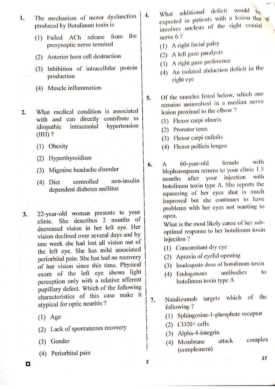 RPSC Asst. Professor Neurology 2020 question paper page 1 scan PDF download, showing exam instructions, paper code SSAPNu-02, subject Neurology, maximum marks 180, time 3 hours.
