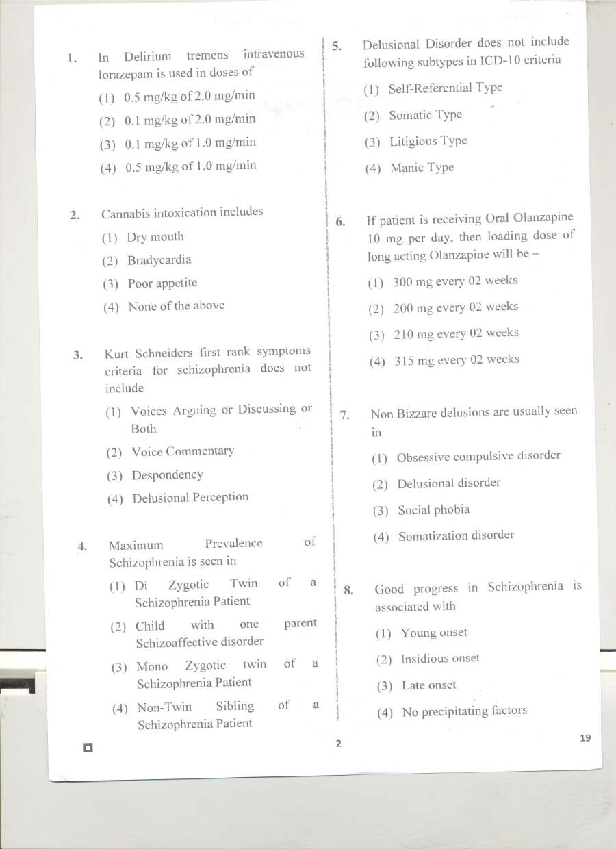 RPSC Asst. Professor Psychiatry question paper 2020 page 1 instructions scan PDF download
