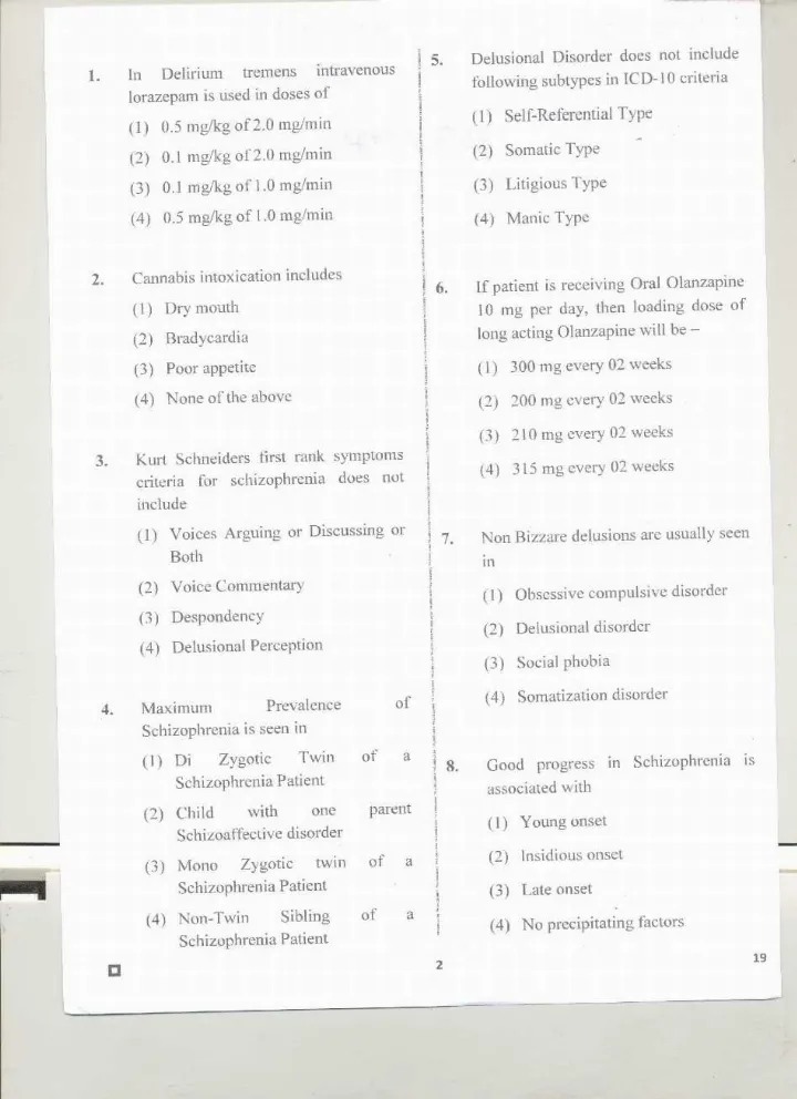 RPSC Asst. Professor Psychiatry question paper 2020 page 1 instructions scan PDF download