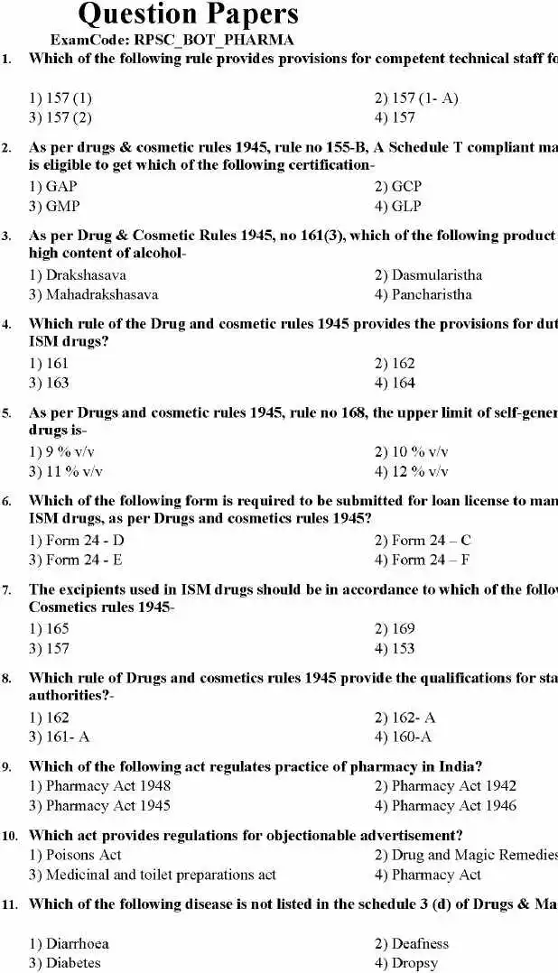 RPSC Botanist 2014 Pharmacy question paper page 1 instructions and exam header scan PDF download