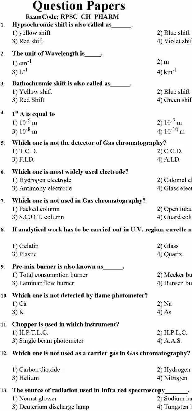 RPSC Chemist 2014 Pharmacy question paper page 1 instructions and exam header scan PDF download