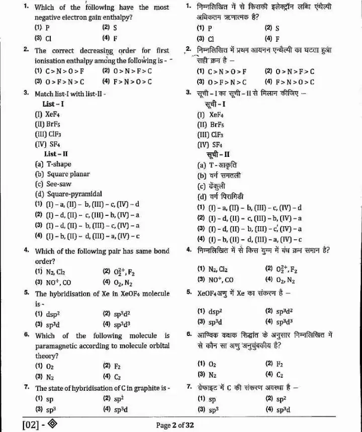 RPSC Chemist 2021 Chemistry question paper page 1 instructions scan PDF download