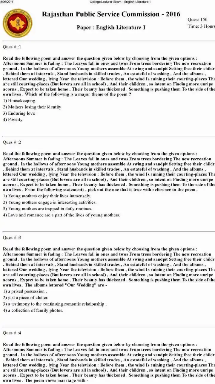 RPSC College Lecturer 2014 English Literature Paper I question paper page 1 instructions scan PDF download