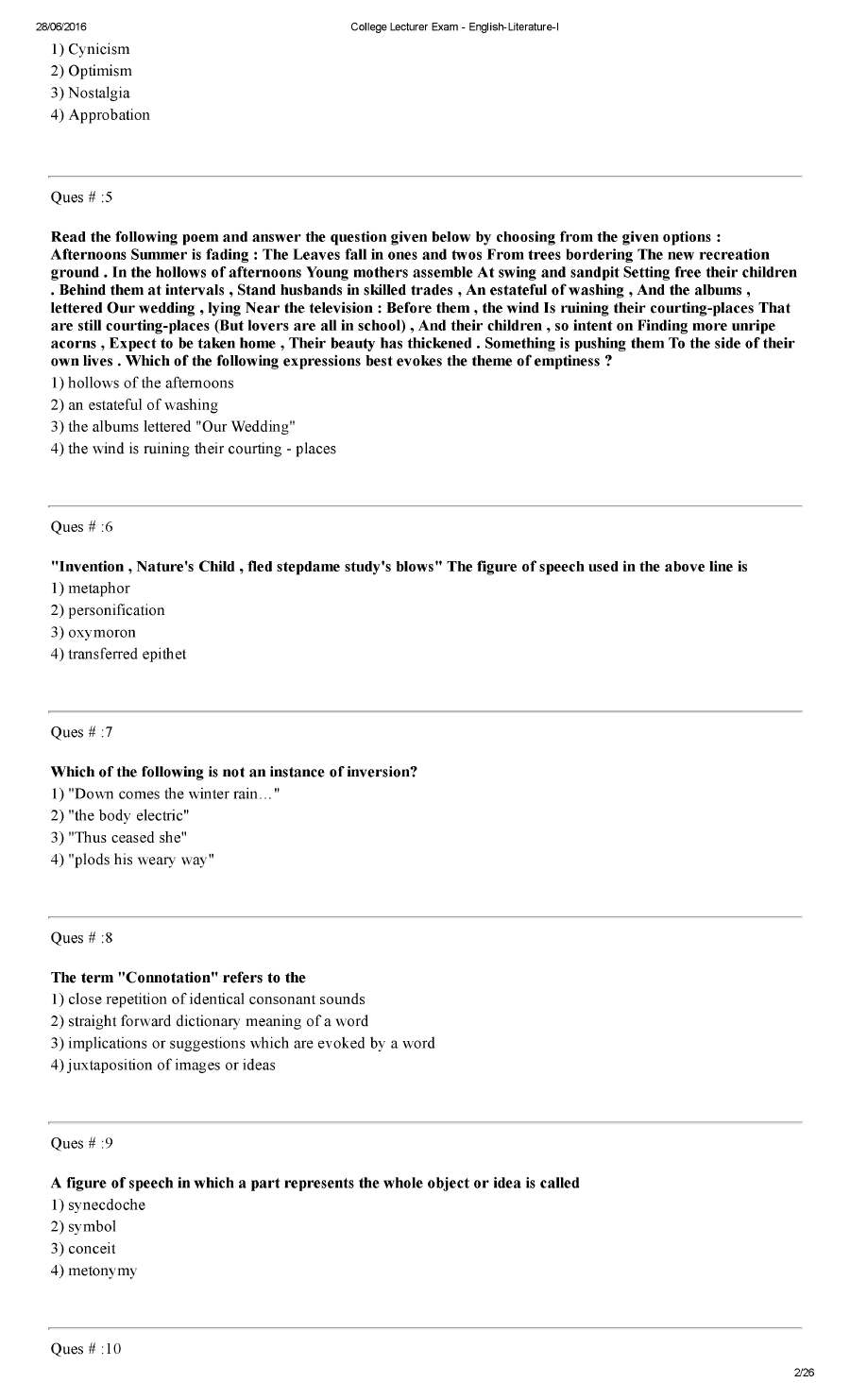 RPSC College Lecturer 2014 English Literature Paper I question paper page 1 instructions scan PDF download