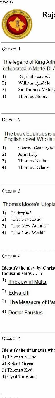 RPSC College Lecturer 2014 English Literature Paper II question paper page 1 scan PDF download