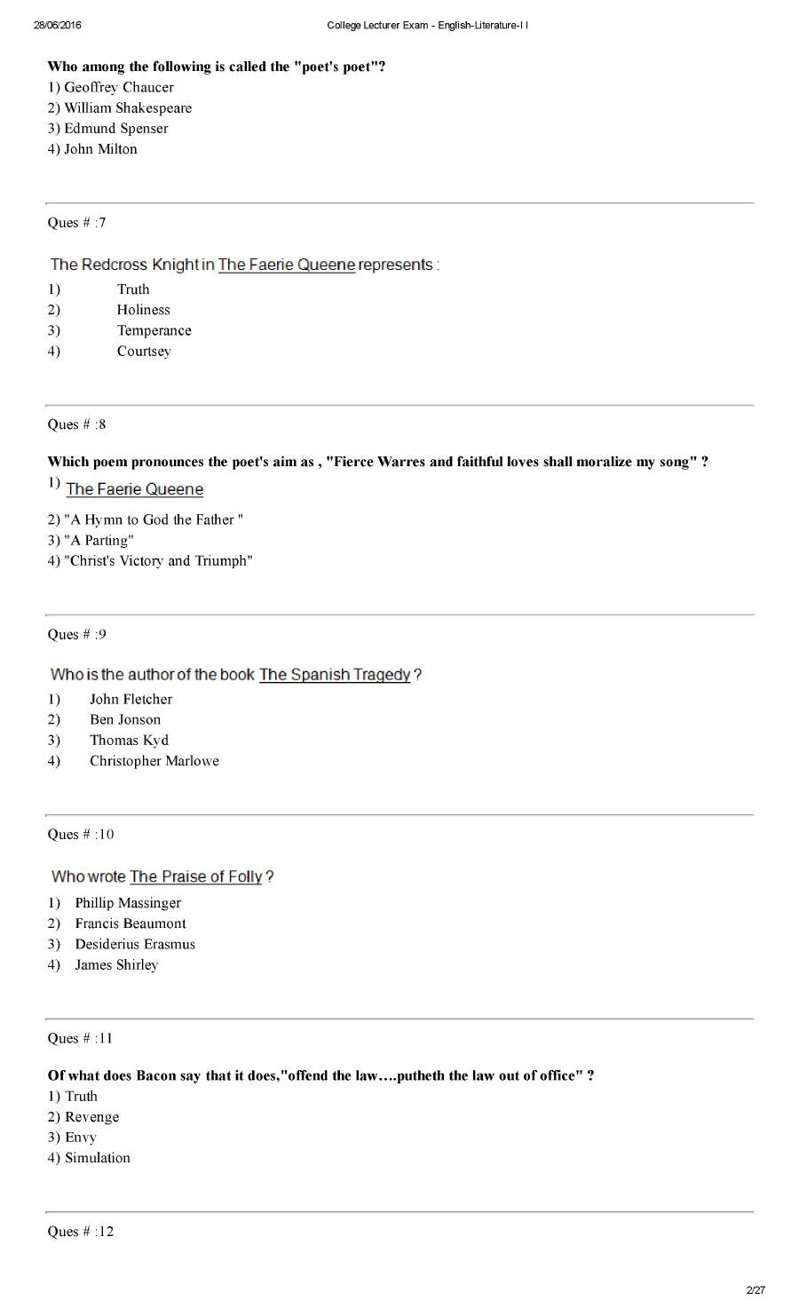 RPSC College Lecturer 2014 English Literature Paper II question paper page 1 scan PDF download