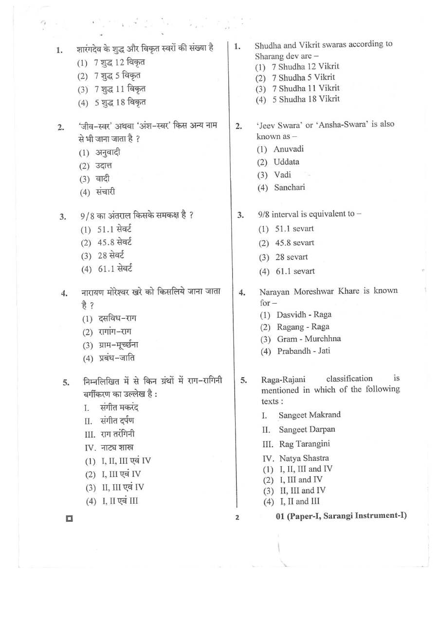 RPSC College Lecturer Sarangi Instrument 2018 Paper I question paper page 1 instructions scan PDF download