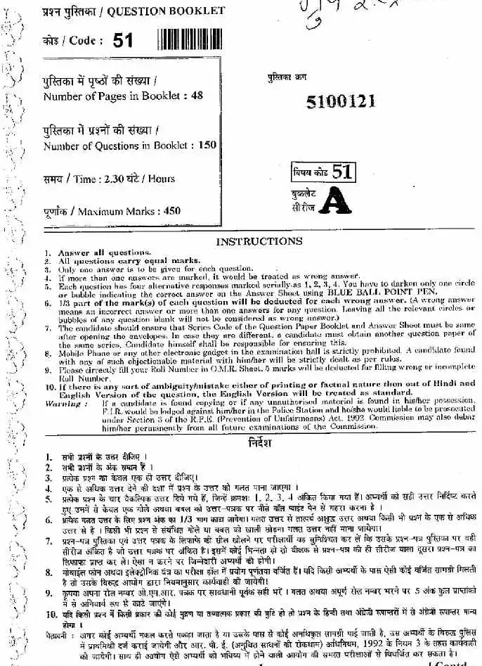 RPSC Group Instructor Surveyor Asst Apprenticeship Adviser Group II Exam 2012 question paper page 1 instructions scan PDF download