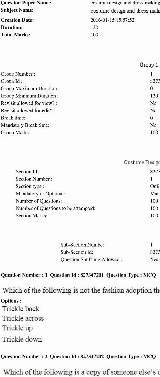 RPSC Lecturer Costume Design 2014 question paper page 1 instructions scan PDF download. Official RPSC Lecturer Costume Design and Dress Making 2014 question paper page 1 instructions and exam header.
