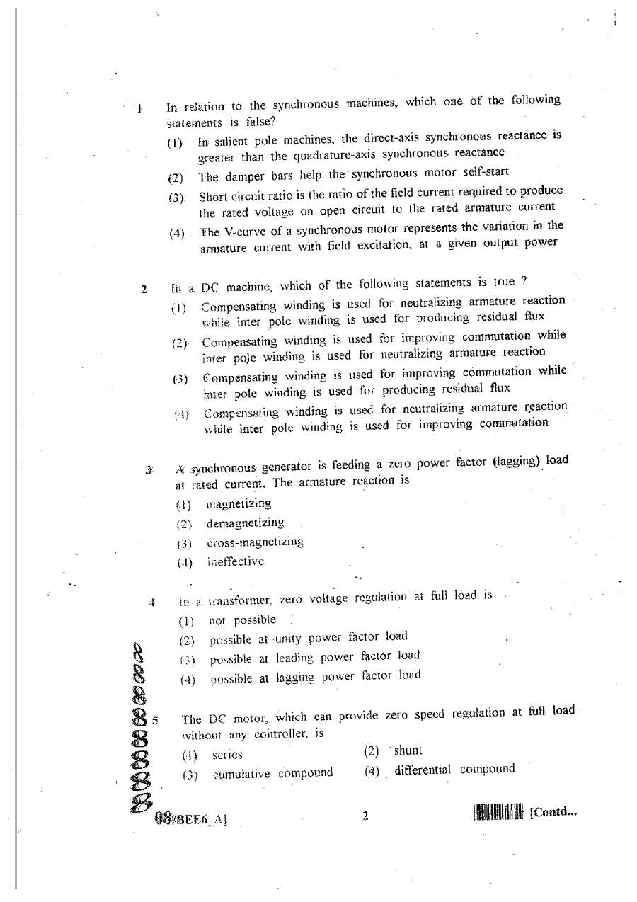 RPSC Lecturer Electrical Engineering 2011 question paper page 1 instructions scan PDF download
