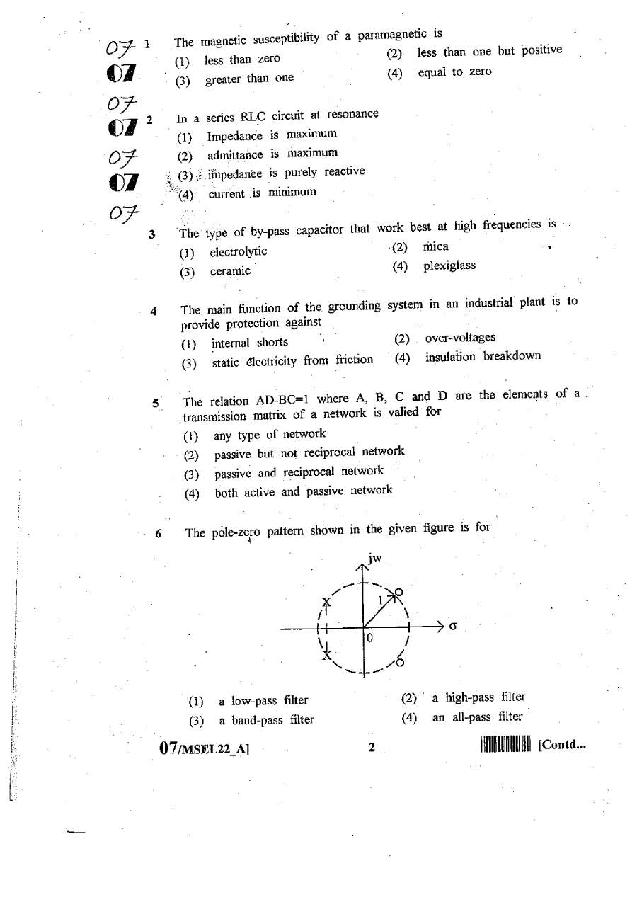 RPSC Lecturer Electronics Engineering 2011 question paper page 1 instructions scan PDF download