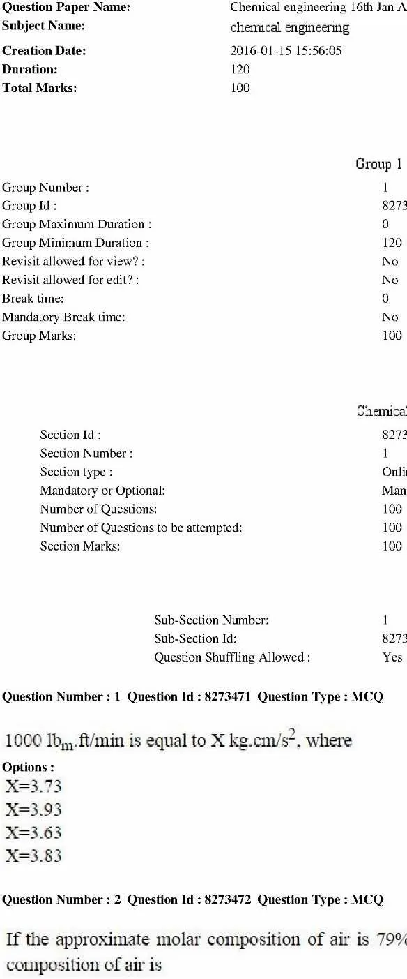 RPSC Lecturer Chemical Engineering 2014 question paper page 1 scan PDF download, showing exam name, subject, duration, and marks.