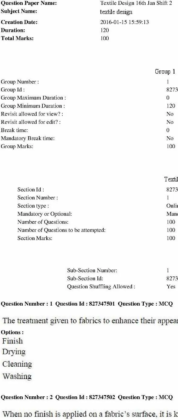 RPSC Lecturer Textile Design 2014 question paper page 1 scan PDF download, showing exam name, subject, duration, marks, and initial questions.