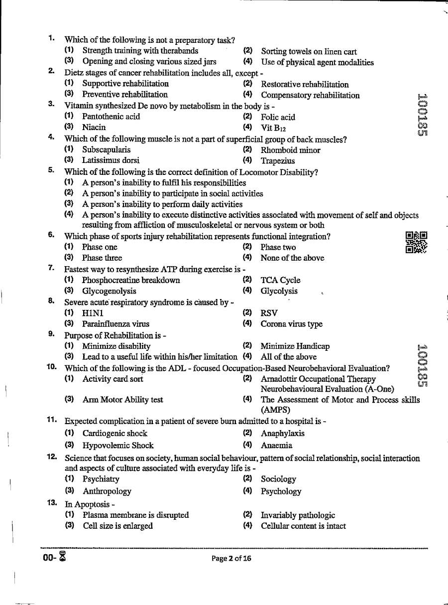 RPSC Occupational Therapist 2022 question paper page 1 instructions and exam header scan PDF download