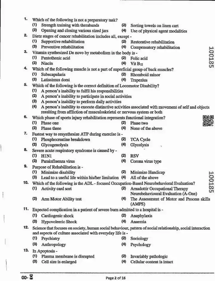 RPSC Occupational Therapist 2022 question paper page 1 instructions and exam header scan PDF download