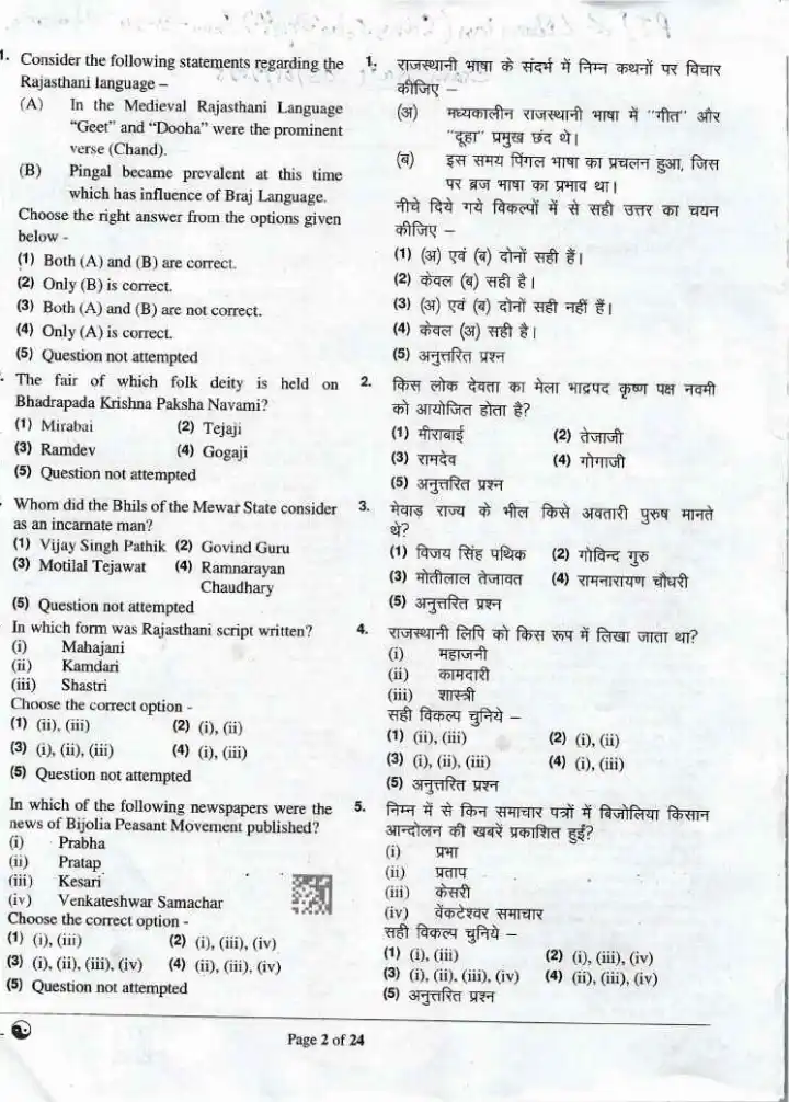 RPSC PTI Librarian 2024 General Studies of Rajasthan question paper page 1 instructions scan PDF download