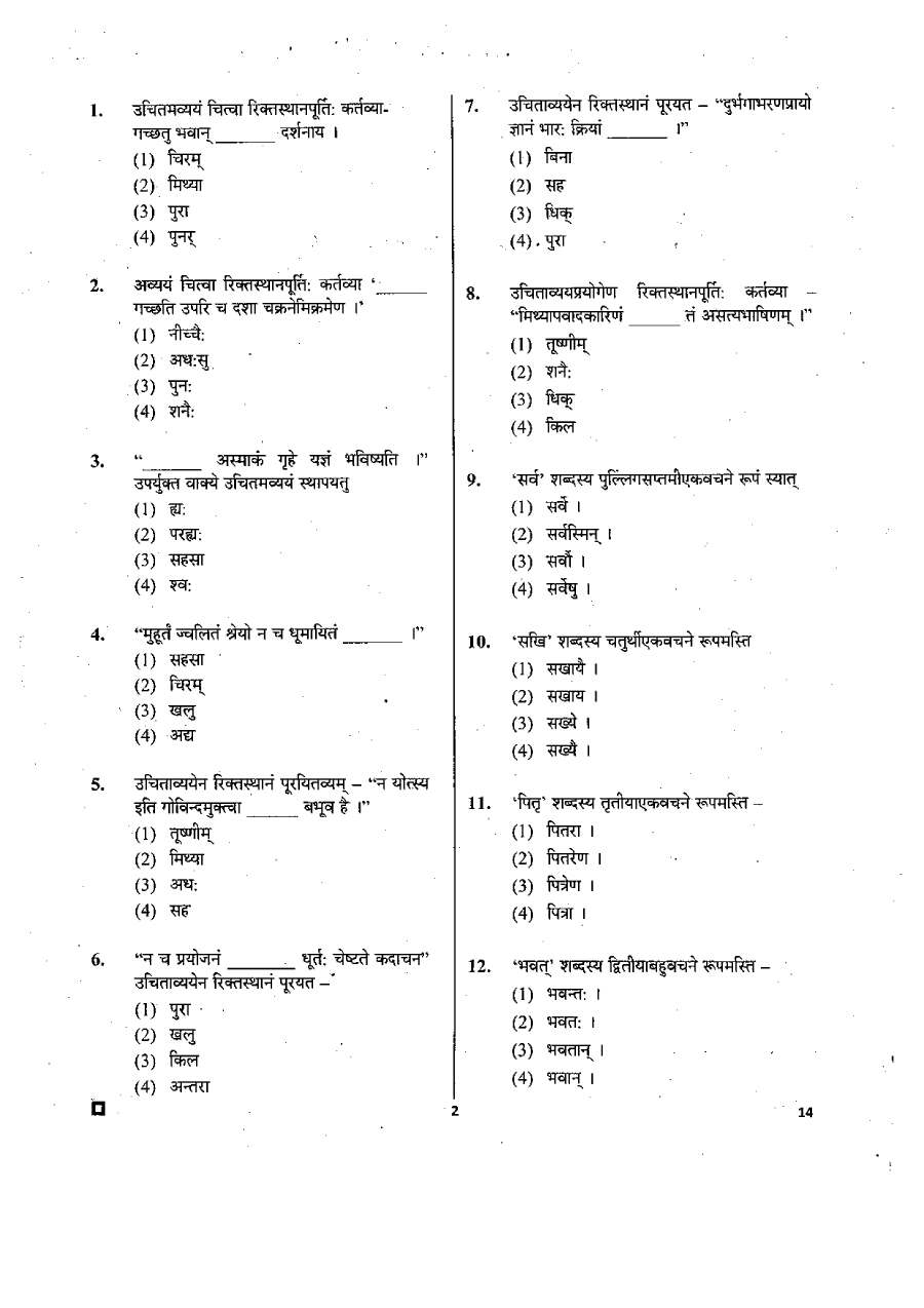 RPSC School Lecturer 2015 Sanskrit question paper page 1 instructions scan PDF download