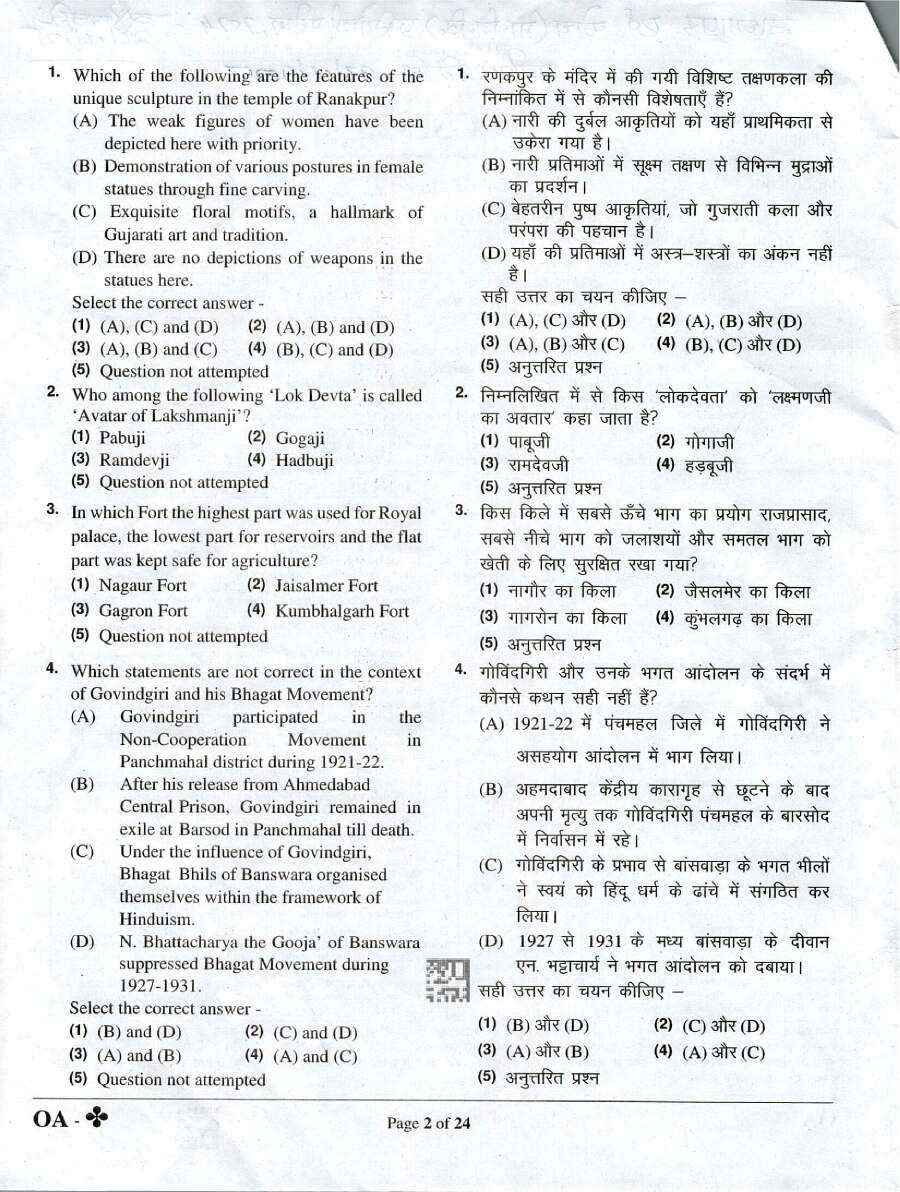 RPSC School Lecturer 2024 General Awareness and General Studies question paper page 1 instructions and exam header scan PDF download