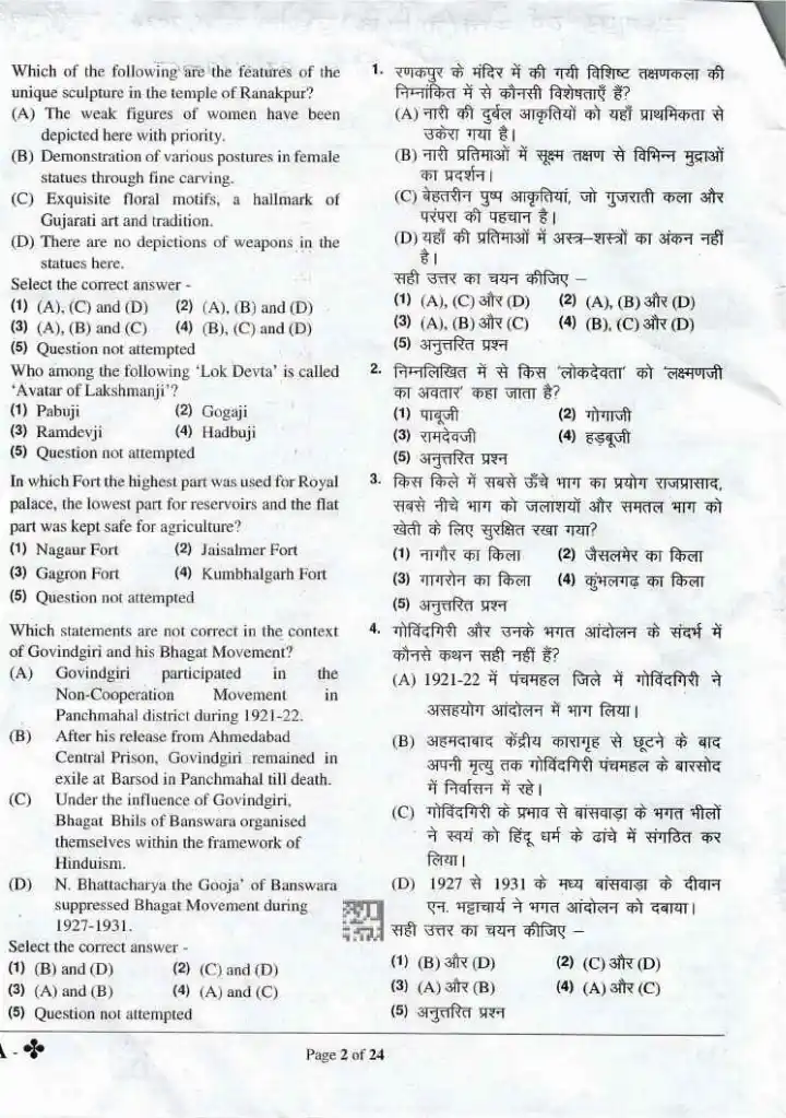 RPSC School Lecturer 2024 General Awareness and General Studies question paper page 1 instructions and exam header scan PDF download