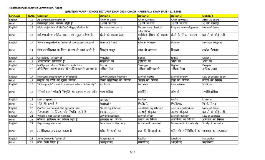 RPSC School Lecturer Coach Handball 2013 question paper page 1 scan PDF download, featuring exam header and initial objective questions.