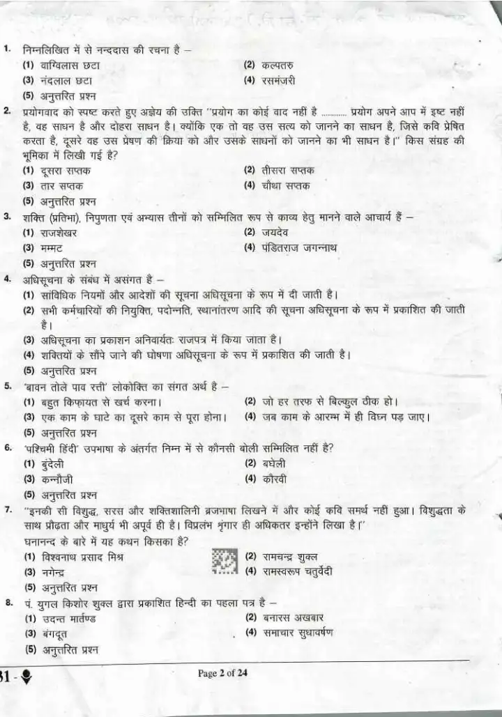 RPSC School Lecturer Hindi Paper II 2024 question paper page 1 instructions scan PDF download