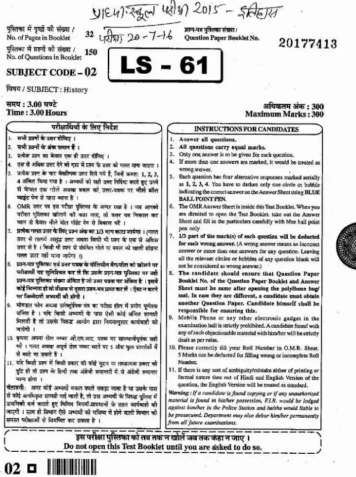 RPSC School Lecturer History 2015 question paper page 1 instructions scan PDF download
