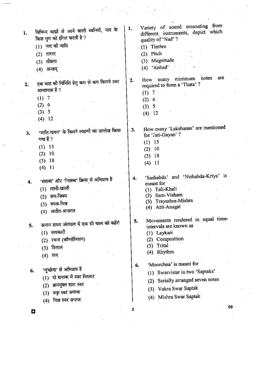 RPSC School Lecturer Music 2015 question paper page 1 instructions scan PDF download