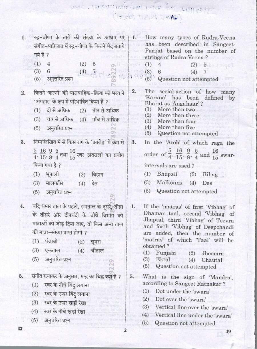 RPSC School Lecturer Music Paper II 2024 question paper page 1 scan PDF download showing exam instructions and header