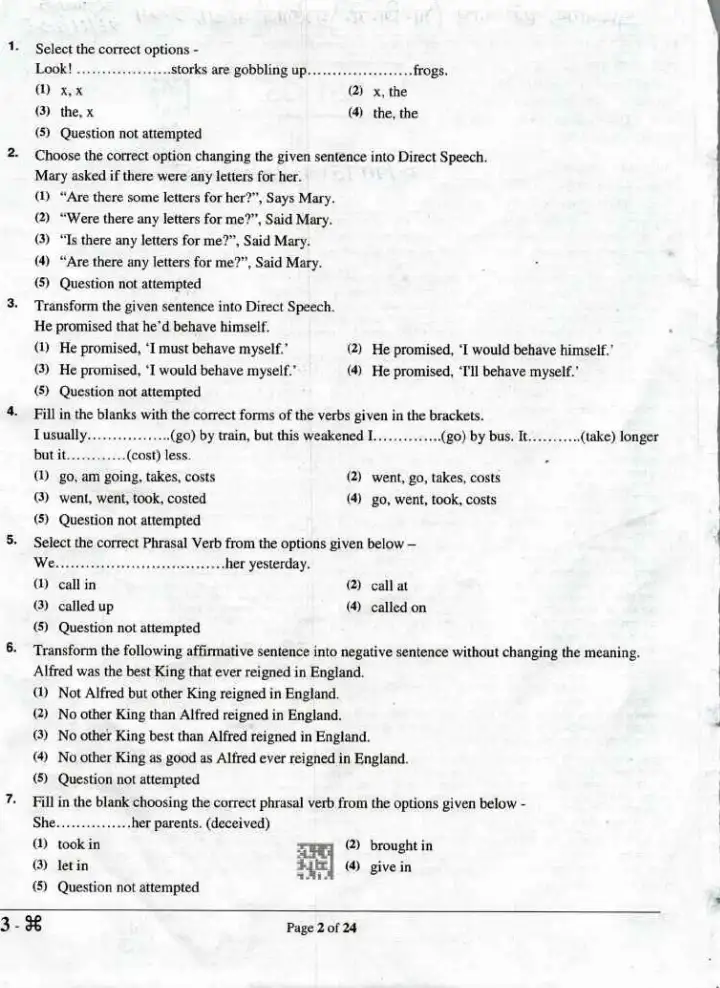 RPSC School Lecturer English Paper-II 2024 question paper page 1 instructions scan PDF download
