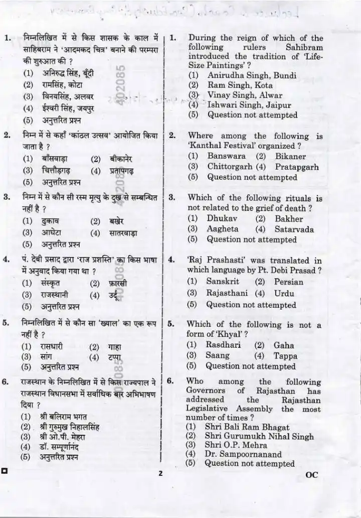 RPSC School Lecturer 2024 General Knowledge question paper page 1 instructions scan PDF download