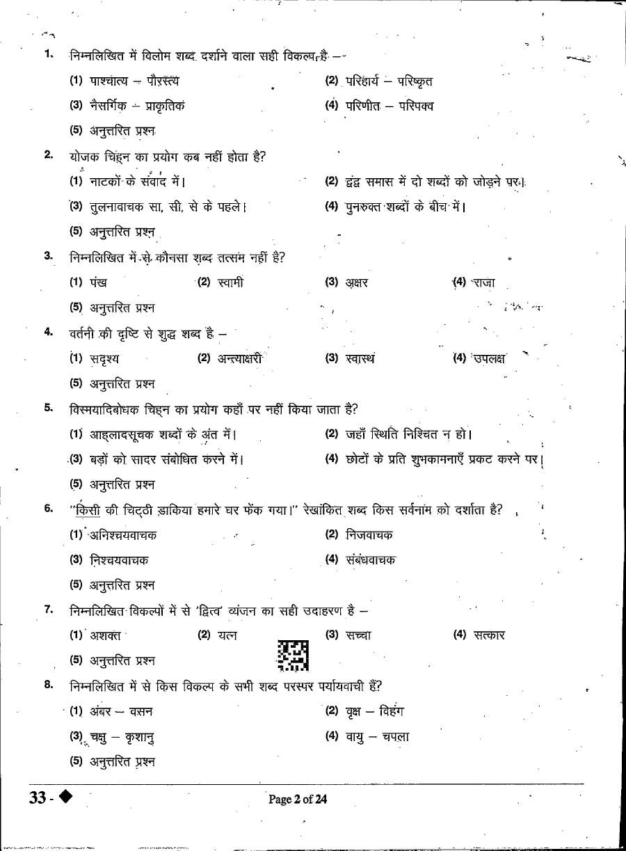 RPSC Senior Teacher (Sanskrit Education) 2024 Paper II Hindi question paper page 1 instructions scan PDF download