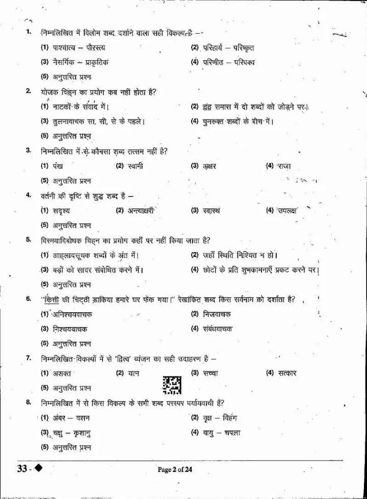 RPSC Senior Teacher (Sanskrit Education) 2024 Paper II Hindi question paper page 1 instructions scan PDF download