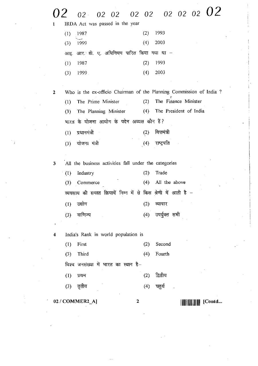 RPSC SET 2012 Commerce Paper II question paper page 1 instructions scan PDF download
