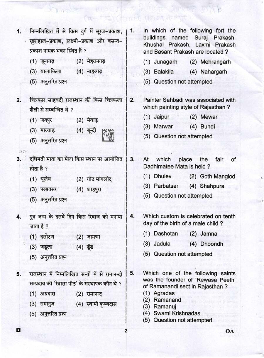 RPSC Sr. Teacher 2024 General Knowledge Group-A question paper page 1 instructions scan PDF download