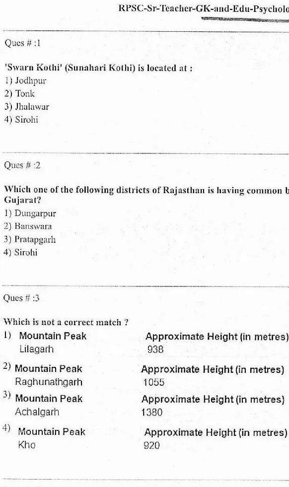 RPSC Sr. Teacher GR II 2011 GK and Edu Psychology question paper page 1 scan PDF download