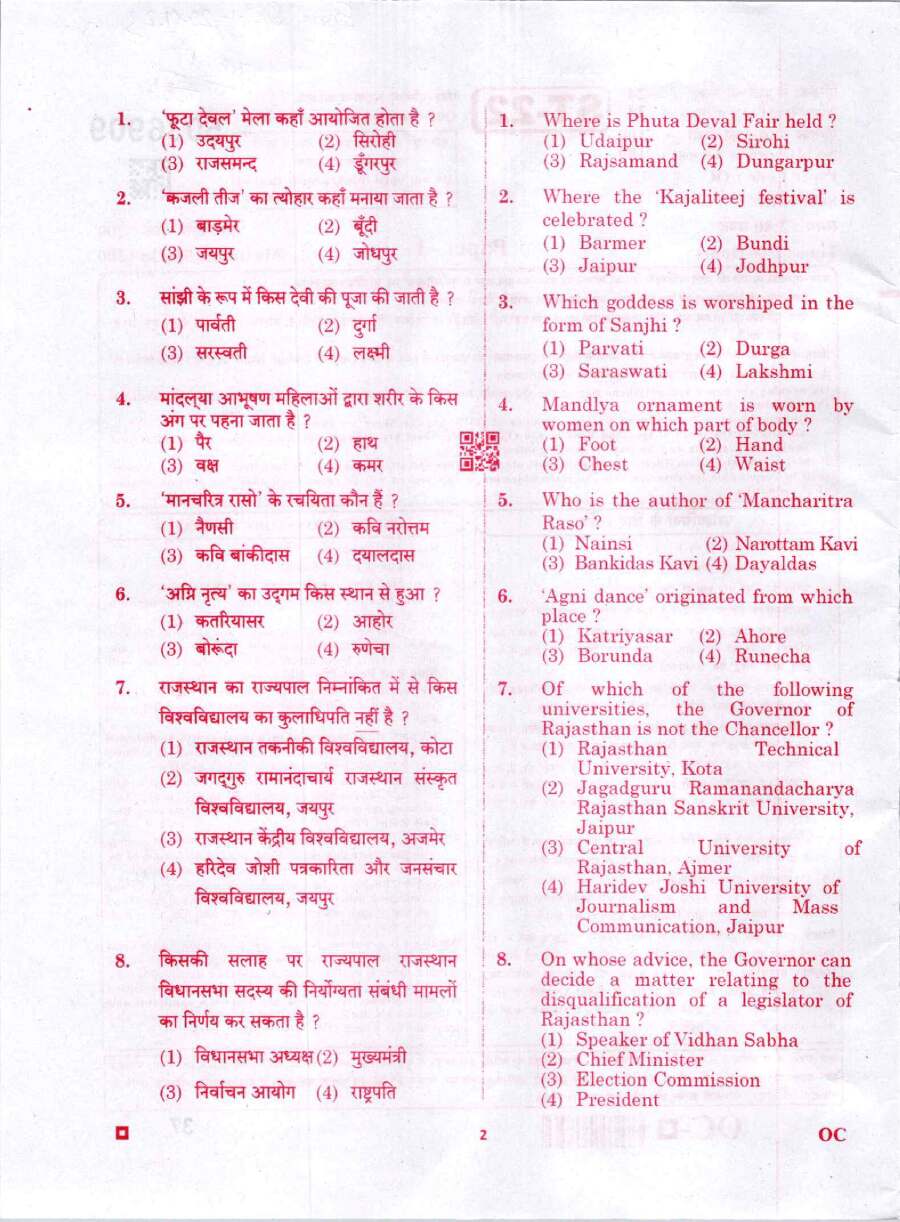 RPSC Sr. Teacher Gr II 2022 General Knowledge question paper page 1 instructions scan PDF download