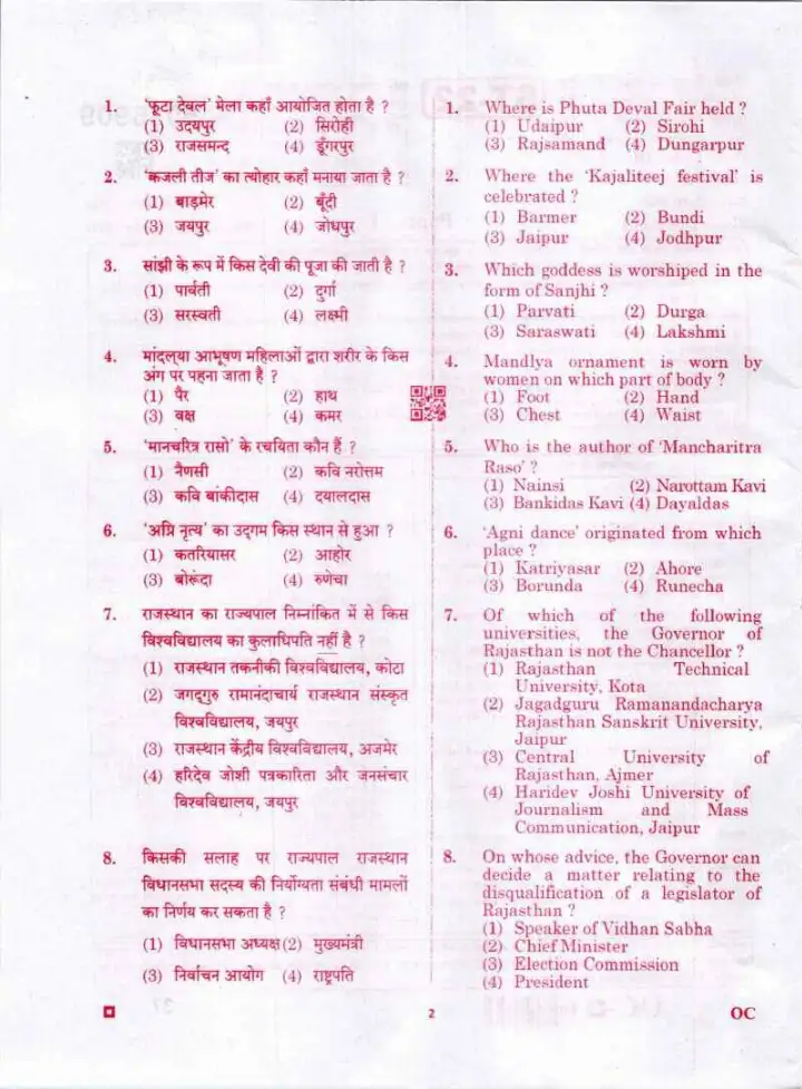 RPSC Sr. Teacher Gr II 2022 General Knowledge question paper page 1 instructions scan PDF download
