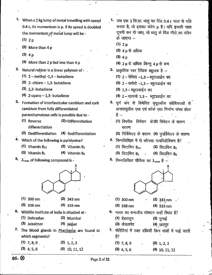 RPSC Sr. Teacher Grade II Science 2022 question paper page 1 instructions scan PDF download
