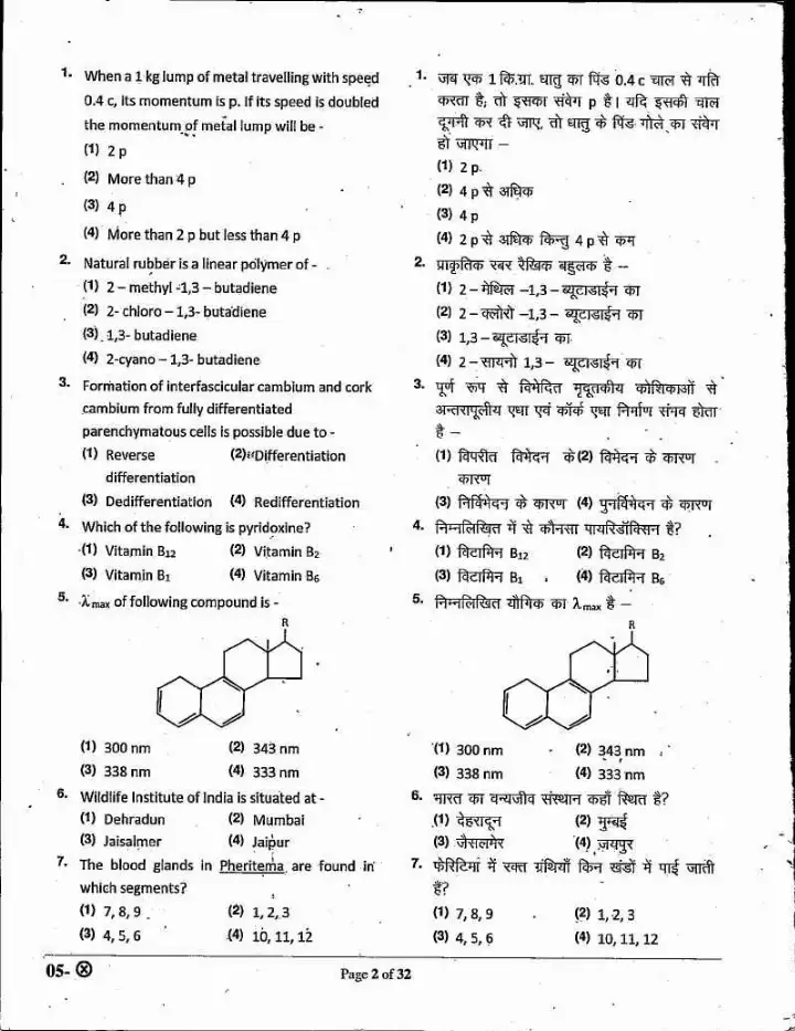 RPSC Sr. Teacher Grade II Science 2022 question paper page 1 instructions scan PDF download