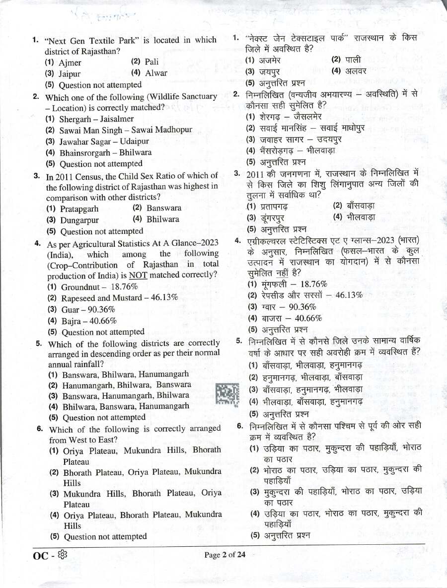 RPSC Sr. Teacher 2024 General Knowledge question paper page 1 instructions scan PDF download