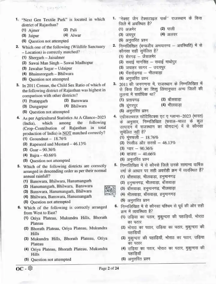 RPSC Sr. Teacher 2024 General Knowledge question paper page 1 instructions scan PDF download