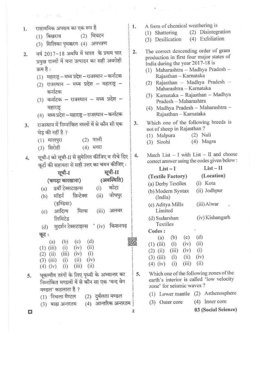 RPSC Sr. Teacher Gr II (Spl. Edu.) (TSP) 2018 Social Science question paper page 1 instructions and exam header scan PDF download