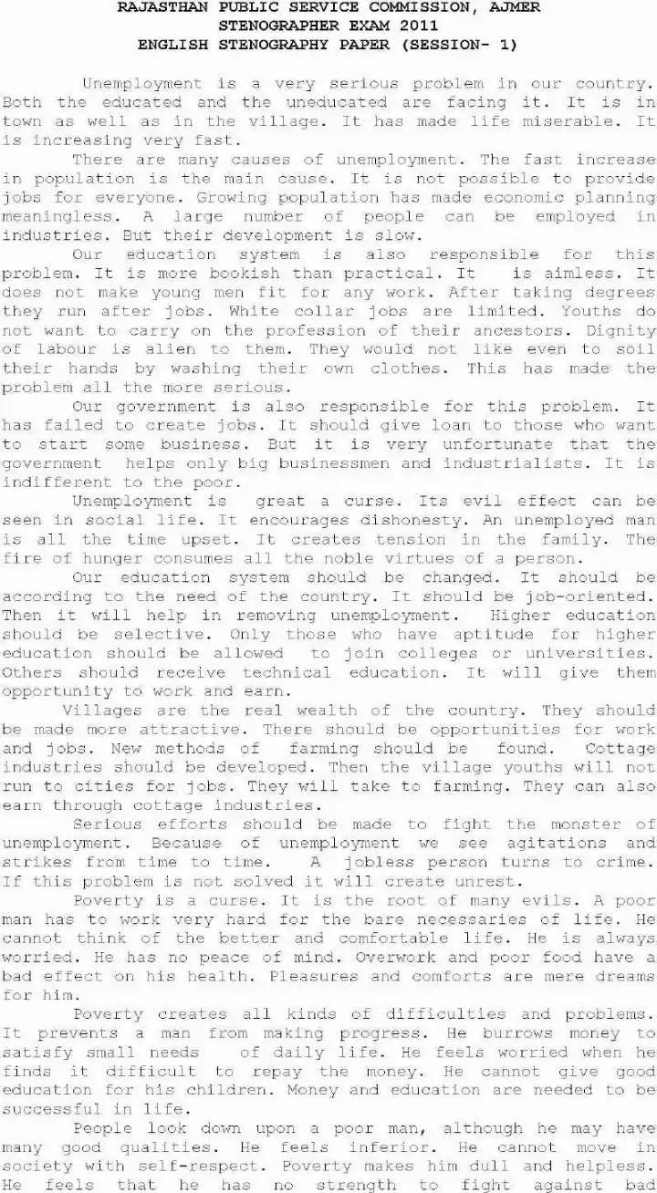 RPSC Stenographer Exam 2011 English Stenography Paper page 1 scan, showing exam header and introductory text on unemployment and poverty. PDF download.