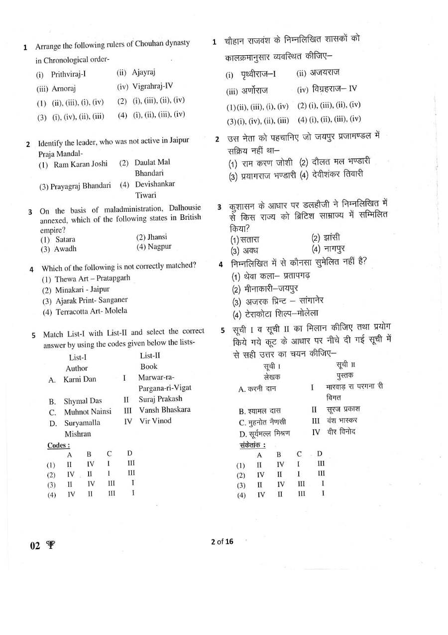 RPSC Sub Inspector 2016 Paper II question paper page 1 instructions scan PDF download