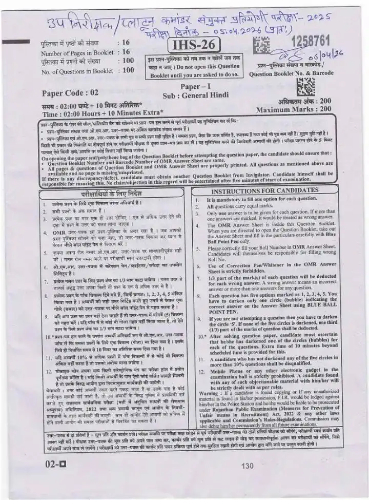 RPSC Sub Inspector 2025 General Hindi question paper page 1 instructions scan PDF download. Sub Inspector Combined Competitive Examination Paper I.