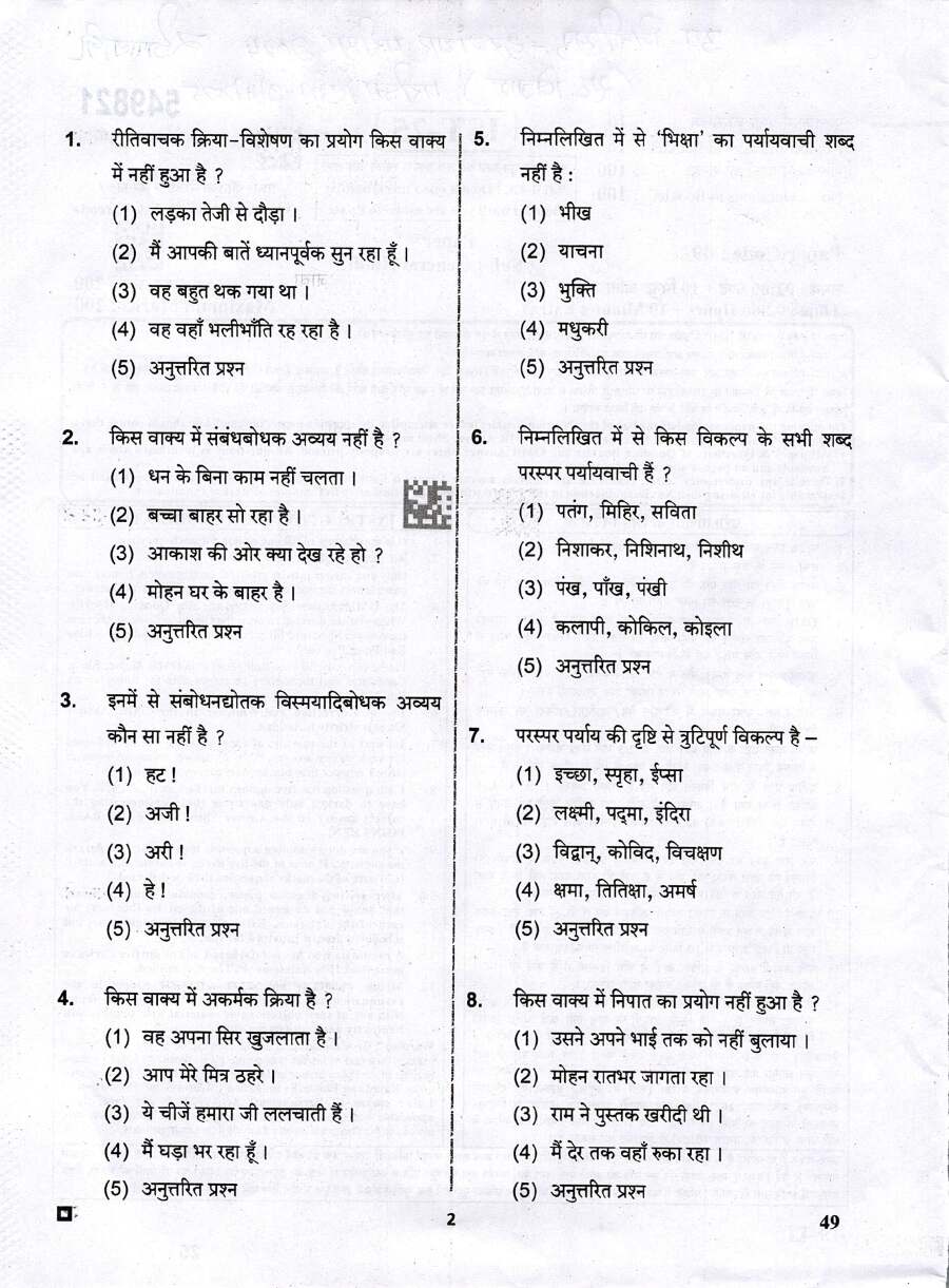 RPSC Sub Inspector Telecom 2024 Paper-I General Hindi question paper page 1 instructions scan PDF download