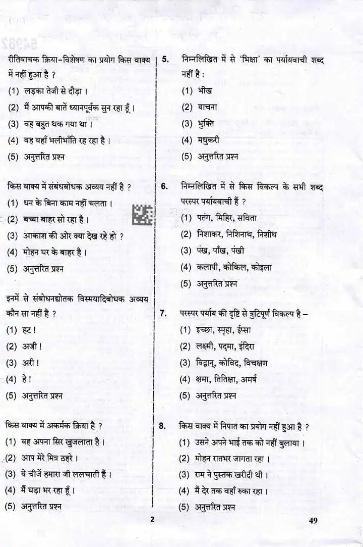RPSC Sub Inspector Telecom 2024 Paper-I General Hindi question paper page 1 instructions scan PDF download