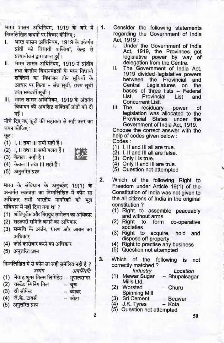 RPSC Sub Inspector Telecom 2024 GK GS question paper page 1 instructions scan PDF download