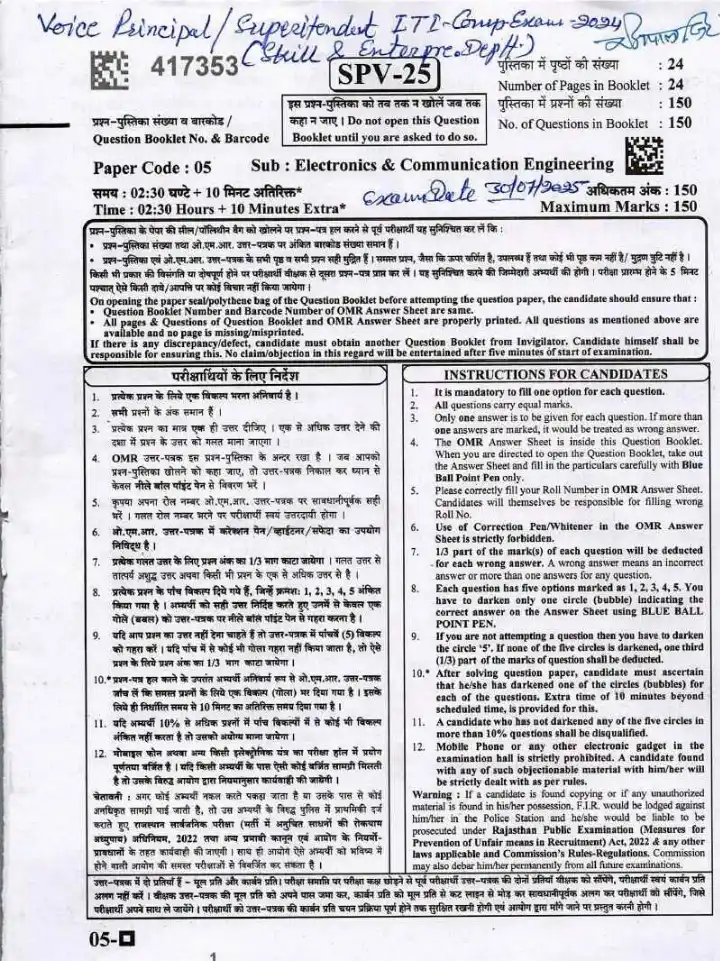 RPSC Vice Principal ITI 2024 Electronics and Communication Engineering question paper page 1 instructions scan PDF download